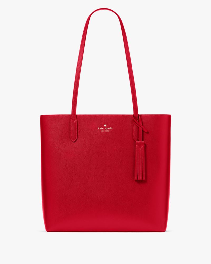 Kate Spade,Jana Tote,Leather,Tote,Logo,Word Embellishment,Tassel,Lined,Work,Red