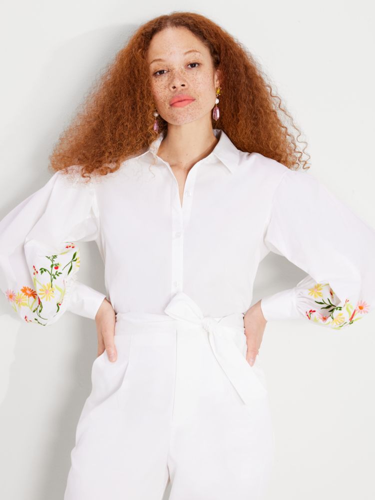 Kate Spade,Embroidered Gathered Sleeve Shirt,Fresh White