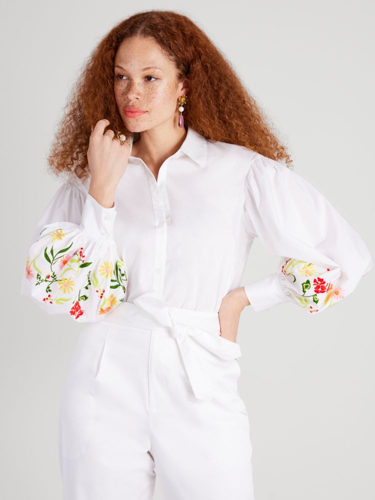 Kate Spade,Embroidered Gathered Sleeve Shirt,Fresh White