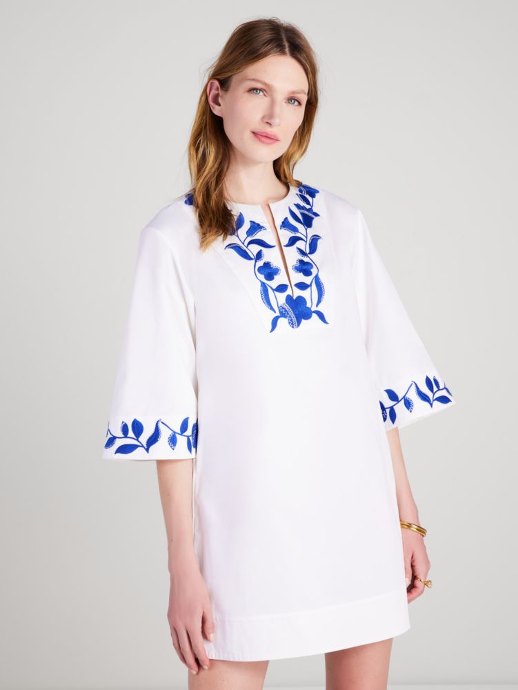 Embroidered Zigzag Floral Tunic Dress, Fresh White, Product