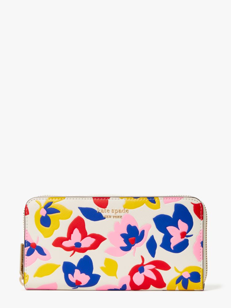 Kate Spade Spencer Zip Around Continental Wallet 3D Flowers Milk