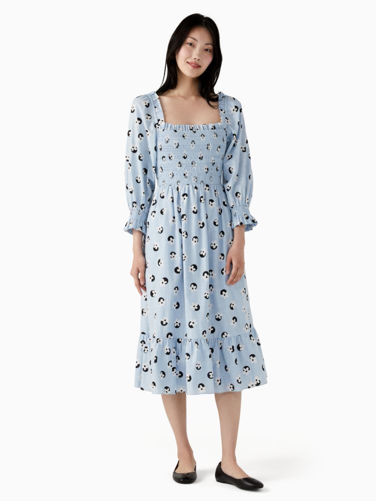 Kate Spade,floral dot smocked midi dress,cotton,60%,Pale Hydrangea image number 0