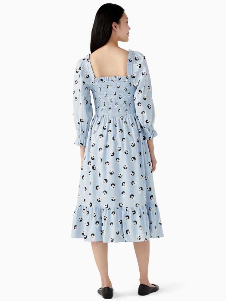 Kate Spade,Floral Dot Smocked Midi Dress,Cotton,A-Line,Shirring,Ruffles,Day Party,Blue