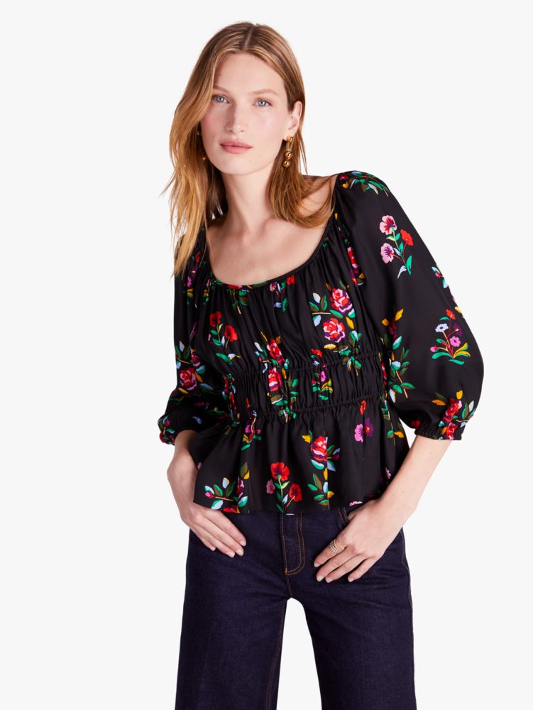 Kate Spade,Autumn Floral Long-Sleeve Riviera Top,Black image number 0