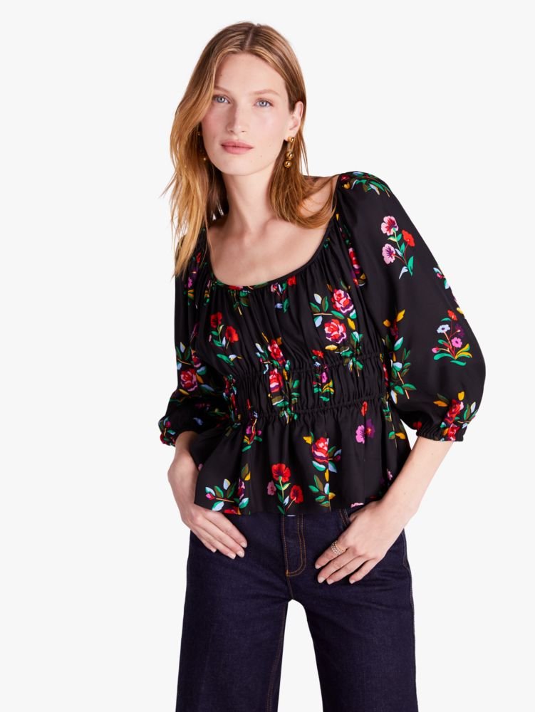 Kate Spade,Autumn Floral Long-Sleeve Riviera Top,Black