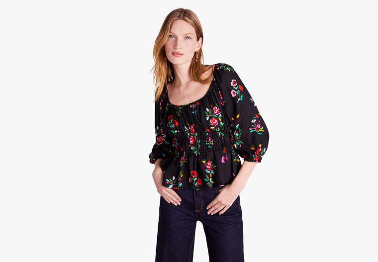 Kate Spade,Autumn Floral Long-Sleeve Riviera Top,Black image number 0