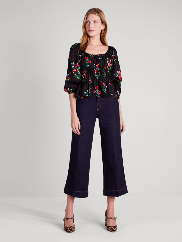 Kate Spade,Autumn Floral Long-Sleeve Riviera Top,Black