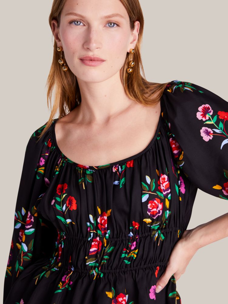 Kate Spade,Autumn Floral Long-sleeve Riviera Top,Viscose,Silk,Blouse,Ruched,Gathered Elastic Detail,Day Party,Black