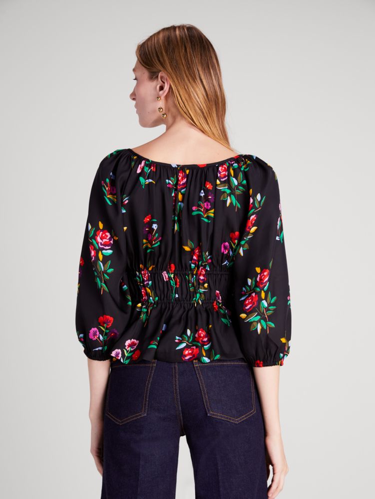 Kate Spade,Autumn Floral Long-sleeve Riviera Top,Viscose,Silk,Blouse,Ruched,Gathered Elastic Detail,Day Party,Black