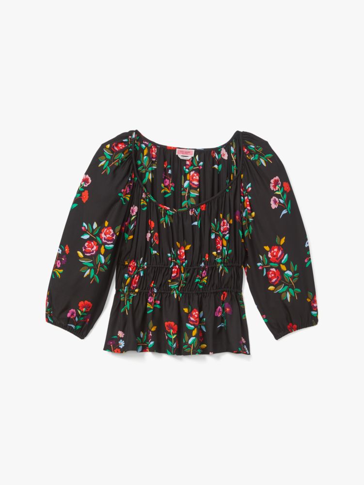 Kate Spade,Autumn Floral Long-sleeve Riviera Top,Viscose,Silk,Blouse,Ruched,Gathered Elastic Detail,Day Party,Black