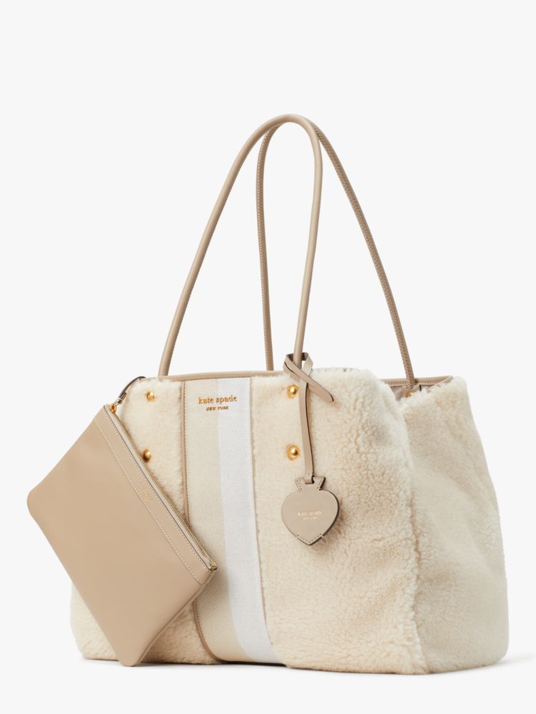 Everything Racing Stripe Faux Shearling Large Tote, Cream Multi, Product