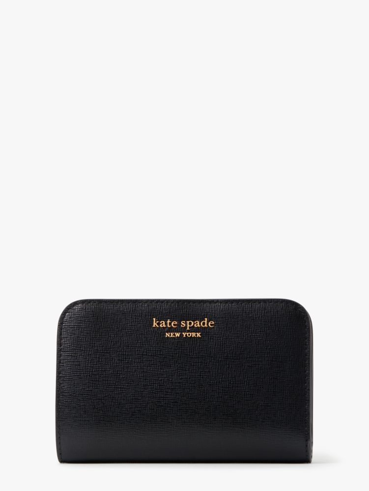 Kate Spade,Morgan Compact Wallet,Leather,Bi Fold,Metal,Logo,Scratch Resistant,Casual,Black