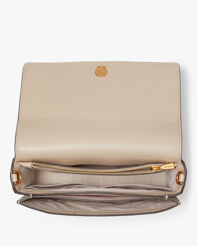 Kate Spade,Morgan Colorblocked Flap Chain Wallet,Leather,Crossbody,Chain Detail,Logo,Metal,Piping,Day Party,Beige
