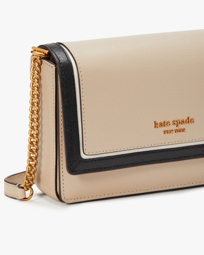 Kate Spade,Morgan Colorblocked Flap Chain Wallet,Leather,Crossbody,Chain Detail,Logo,Metal,Piping,Day Party,Beige