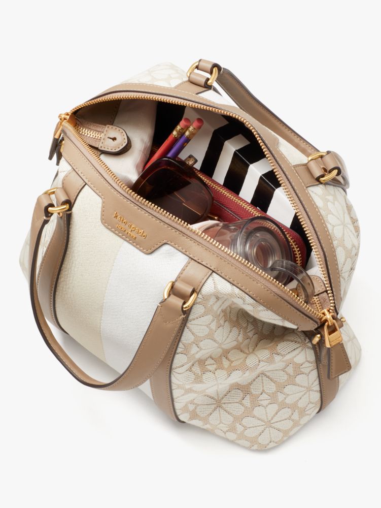 Kate Spade,Spade Flower Jacquard Stripe Faye Medium Satchel,Leather,Nylon,Satchel,Leather Embellishment,Logo,Stripe,Metal,...,