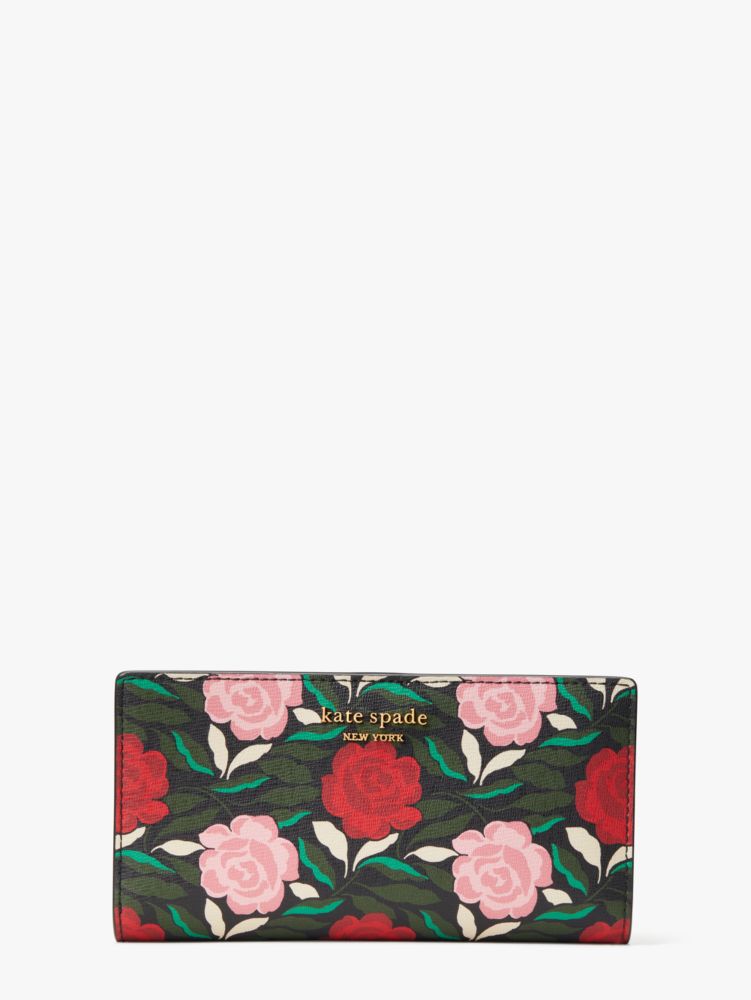 Kate Spade New York Morgan Rose Garden Printed Saffiano Leather Small Slim  Bifold Wallet Black Multi One Size