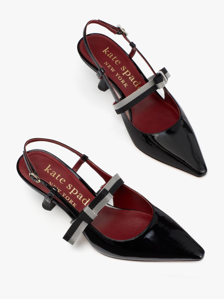 Kate Spade,Maritza Pumps,Nylon,Twill,Leather,Pumps,Cut Out,Stripe,Bow,Cocktail,Black