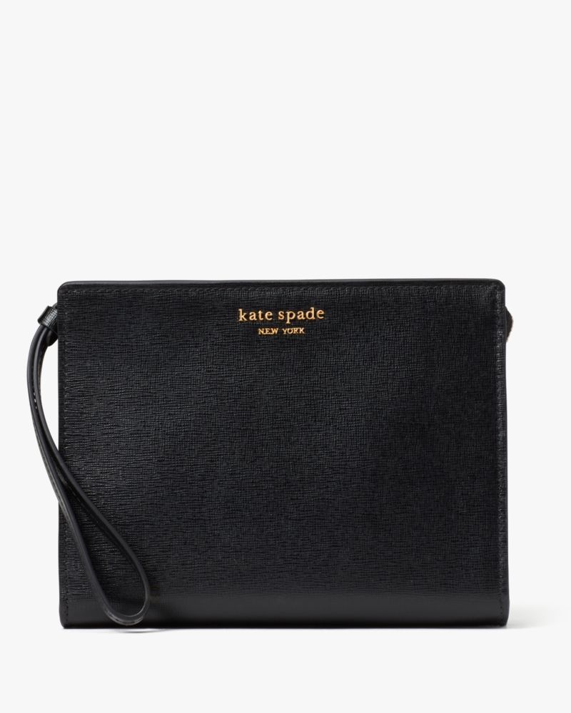 Kate Spade,Morgan Gusseted Wristlet,Leather,Pouch,Wristlet,Metal,Logo,Scratch Resistant,Gusset,Casual,Black