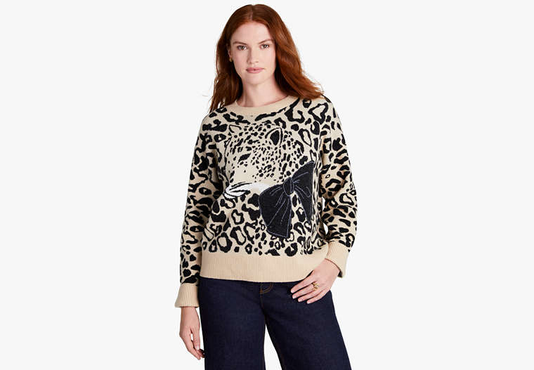 Kate Spade,Leopard Bow Sweater,Roasted Cashew image number 0