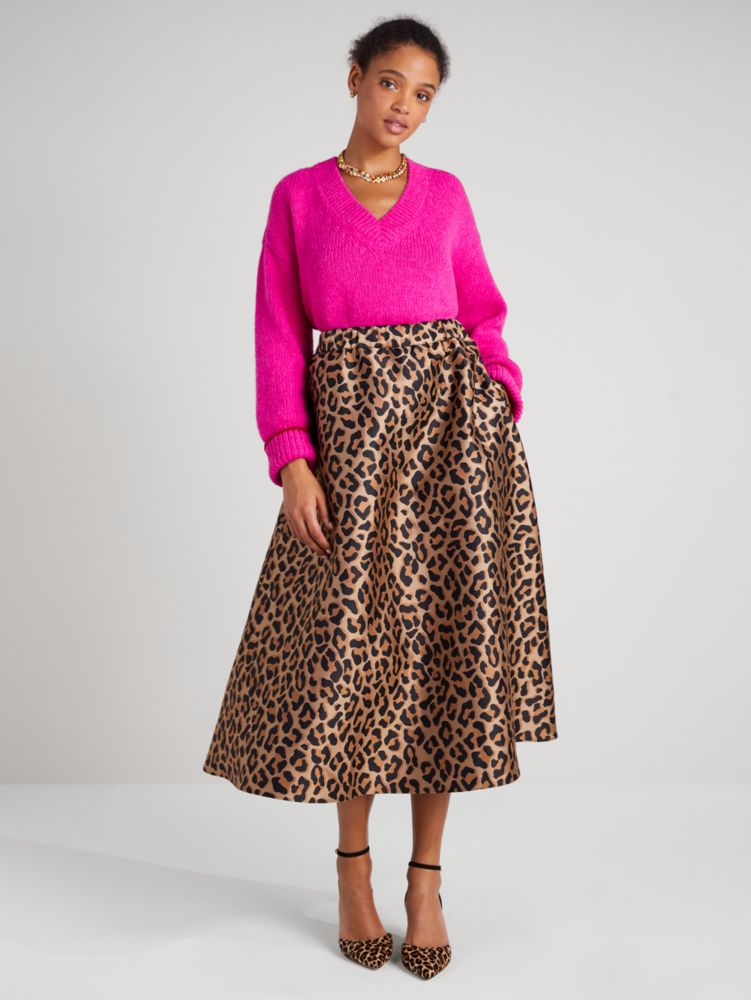 Glossy Leopard Jacquard Tie Waist Flare Midi Skirt in Pumpkin - Retro,  Indie and Unique Fashion