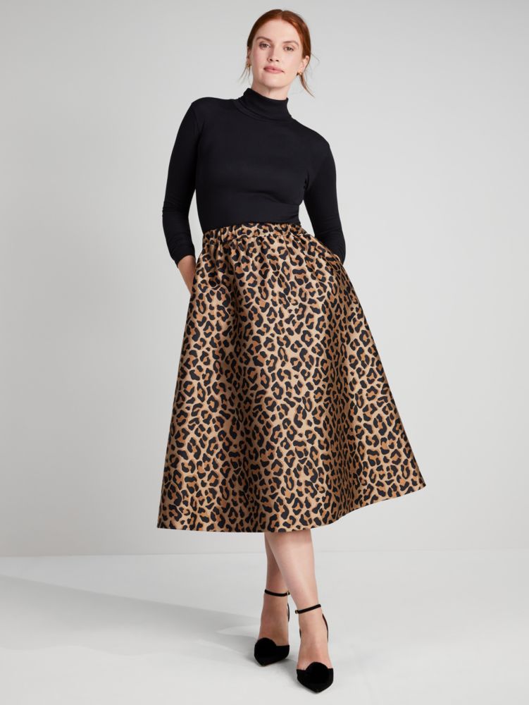 Glossy Leopard Jacquard Tie Waist Flare Midi Skirt in Pumpkin