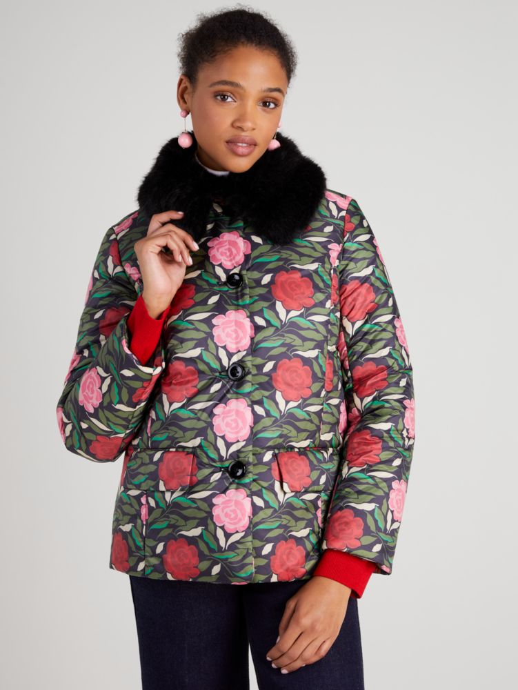 Kate Spade,Rose Garden Puffer Jacket,Black Multi