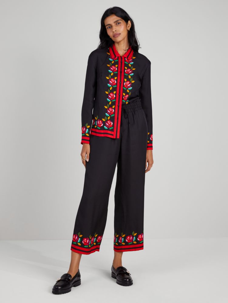 Rose Border Silk-blend Pants, Black, Product
