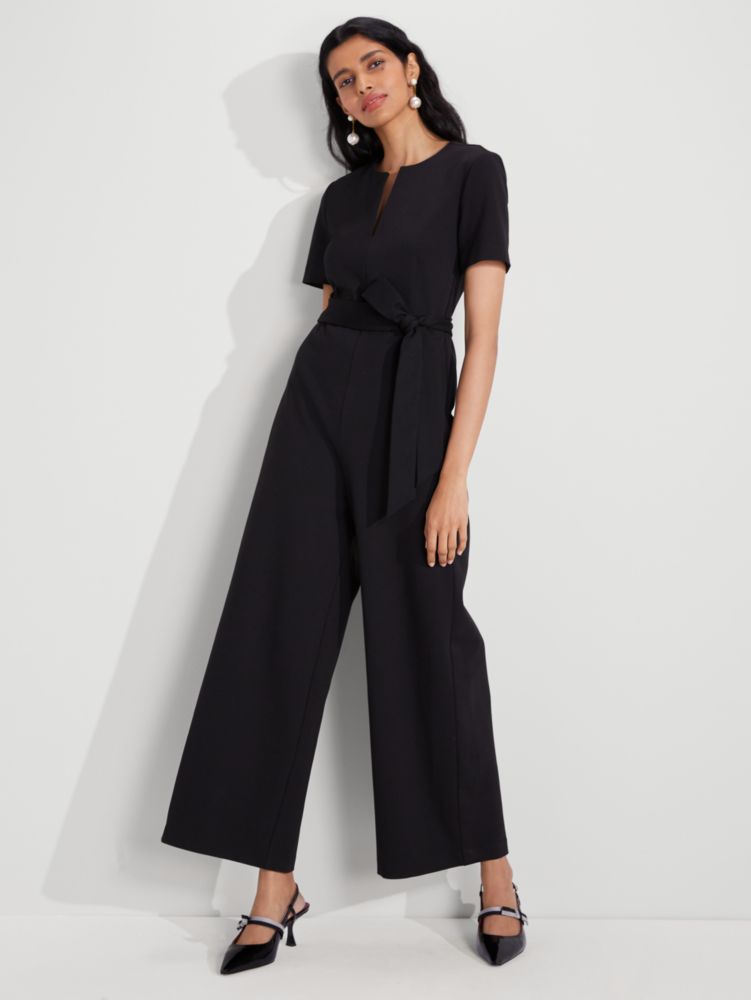 Kate Spade,Ponte Split-neck Jumpsuit,Polyamide,Spandex,Viscose,Straight,Wide Leg,Tie Belt,Day Party,Black