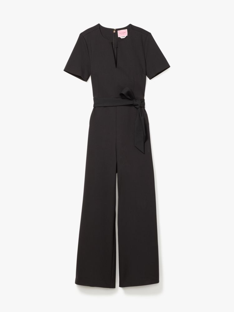 Kate Spade,Ponte Split-neck Jumpsuit,Polyamide,Spandex,Viscose,Straight,Wide Leg,Tie Belt,Day Party,Black