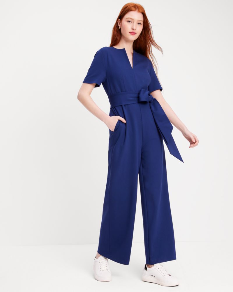 Kate Spade,Ponte Split-neck Jumpsuit,Polyamide,Spandex,Viscose,Straight,Wide Leg,Tie Belt,Day Party,Navy