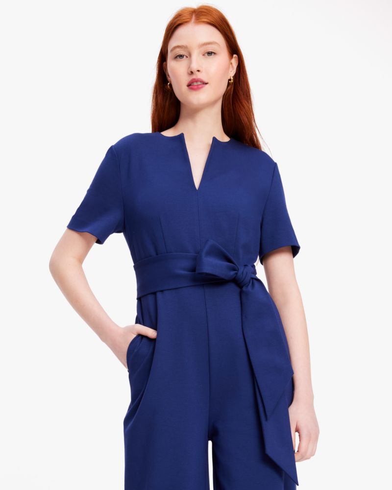 Kate Spade,Ponte Split-neck Jumpsuit,Polyamide,Spandex,Viscose,Straight,Wide Leg,Tie Belt,Day Party,Navy