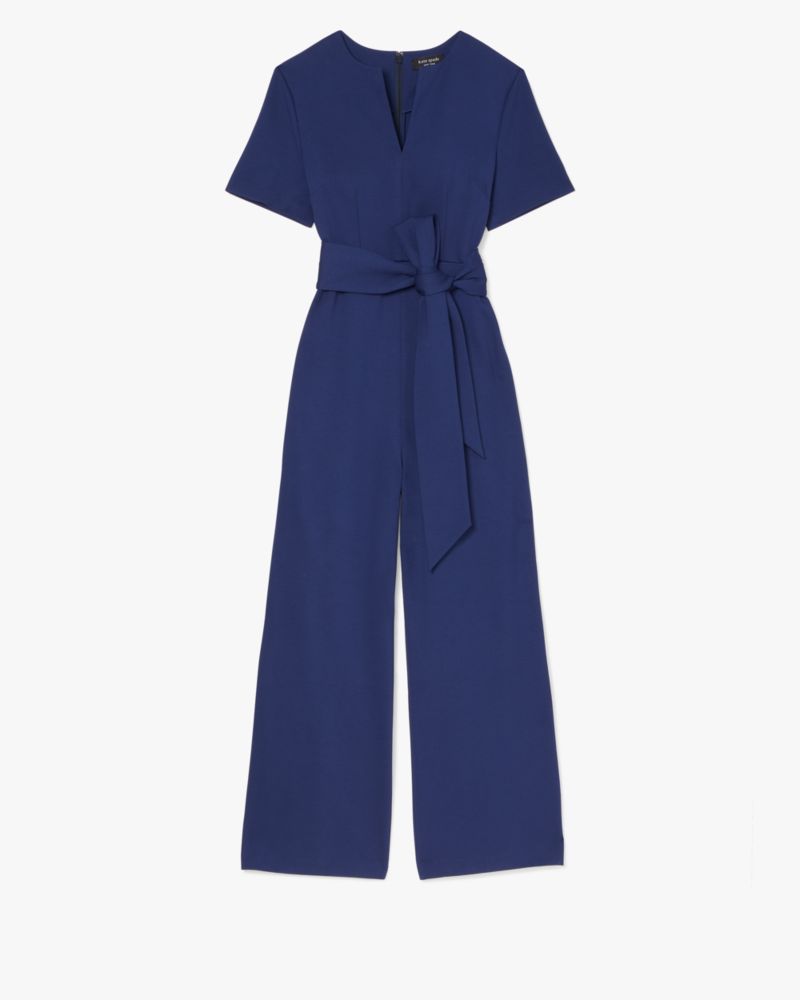 Kate Spade,Ponte Split-neck Jumpsuit,Polyamide,Spandex,Viscose,Straight,Wide Leg,Tie Belt,Day Party,Navy