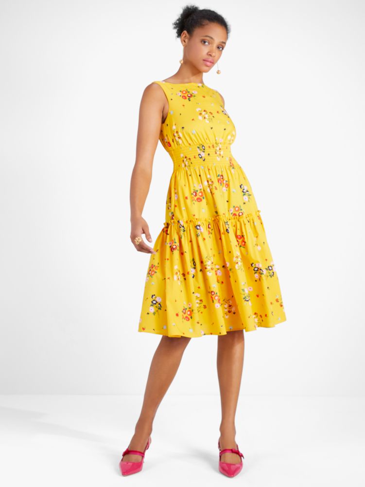 Kate Spade,Bouquet Toss Smocked-Waist Dress,Day,Saffron Yellow