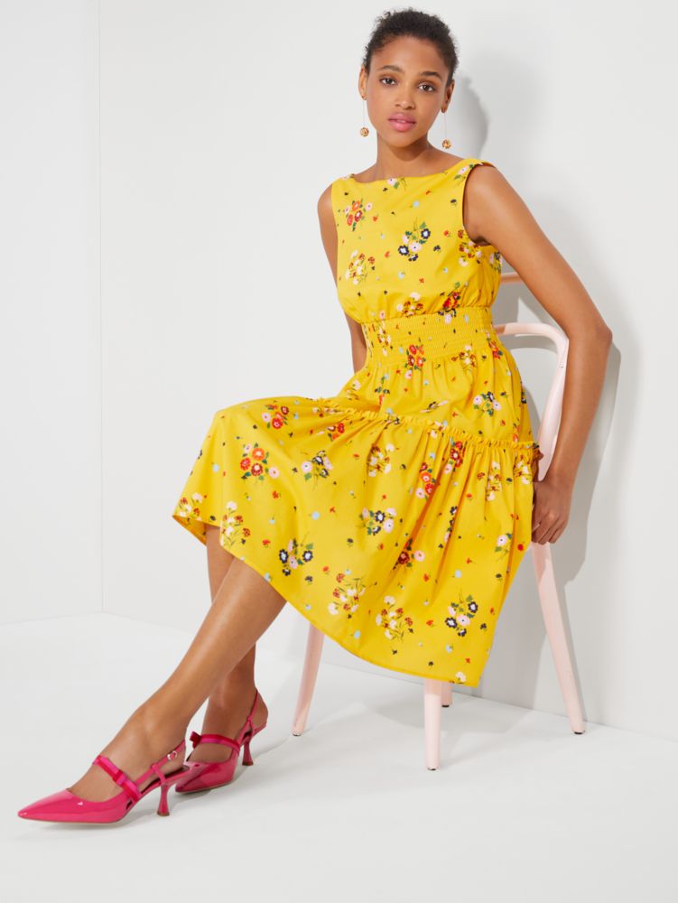 Kate Spade,Bouquet Toss Smocked-Waist Dress,Day,Saffron Yellow