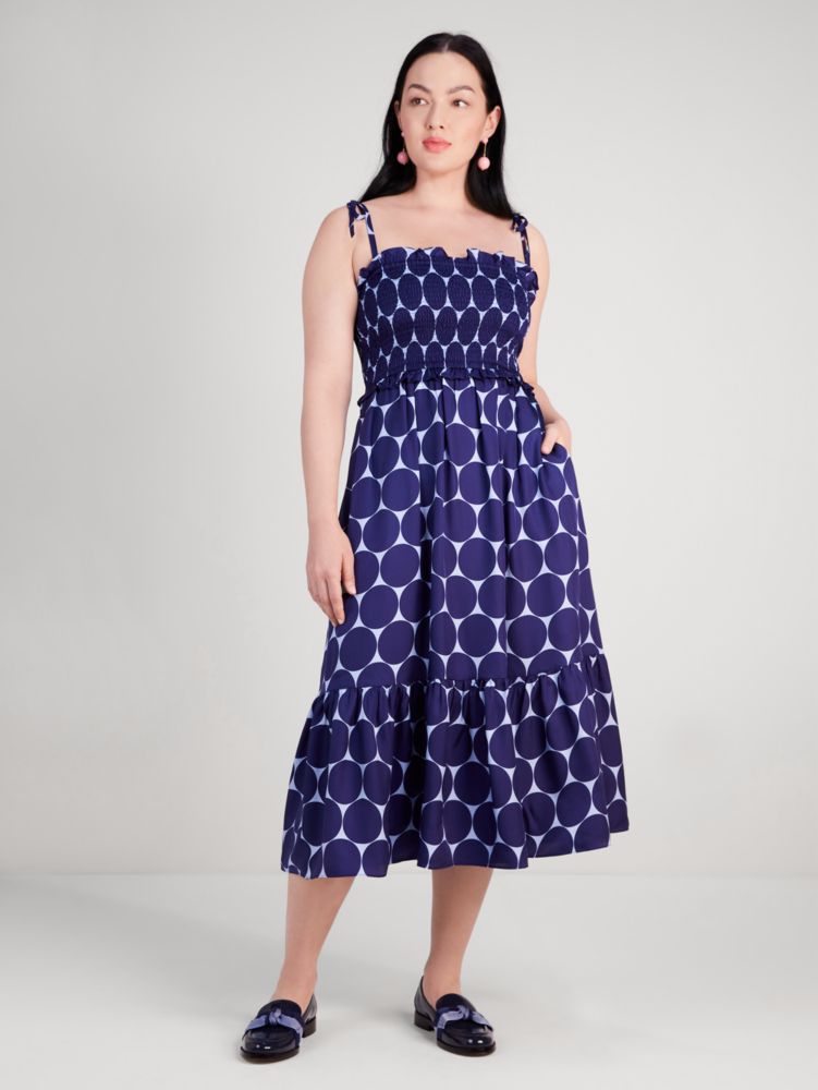 Kate Spade,Joy Dot Silk Twill Smocked Dress,Twill,Viscose,Woven,Silk,A-Line,Tie Belt,Ruffles,Shirring,Adjustable,Day Party,