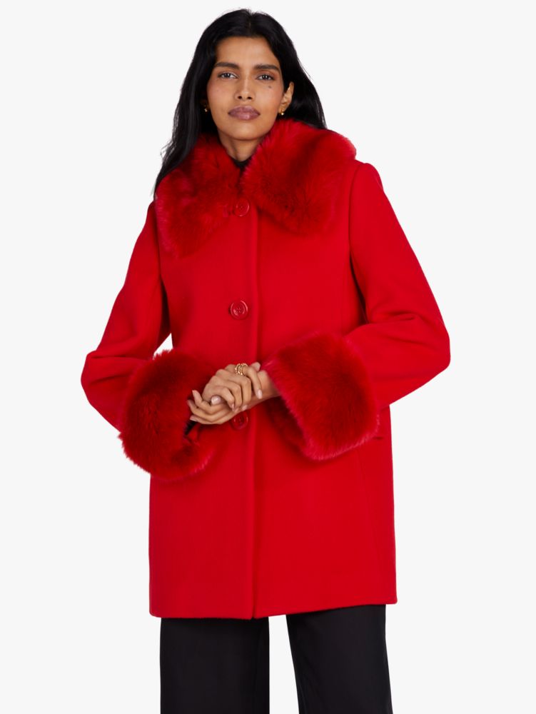 Kate Spade,Faux Fur Trim Anita Coat,Engine Red