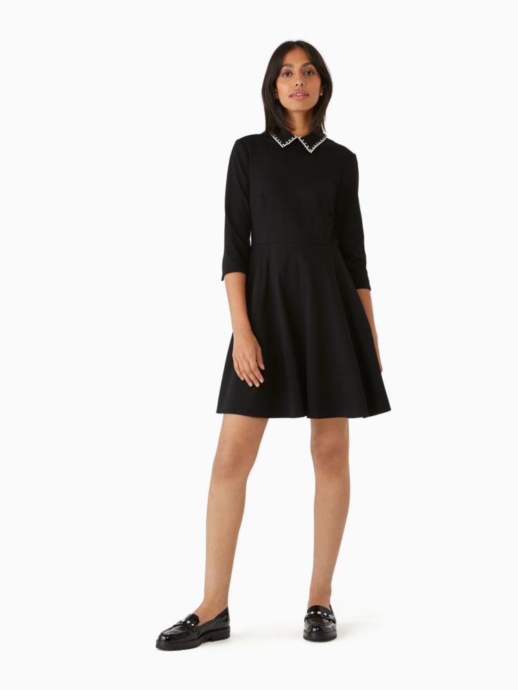 Kate Spade,Embellished Collar Ponte Dress,Viscose,Mesh,A-Line,Rhinestones,Day Party,Black