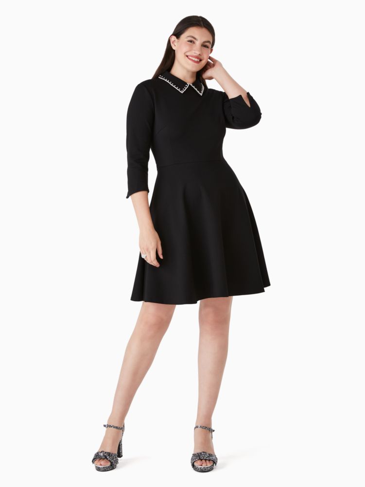 Kate Spade,Embellished Collar Ponte Dress,Viscose,Mesh,A-Line,Rhinestones,Day Party,Black