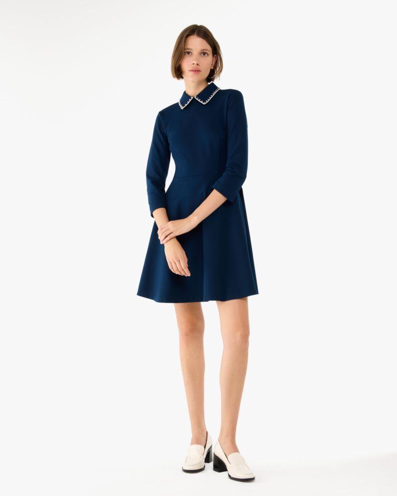 Kate Spade,Embellished Collar Ponte Dress,Viscose,Mesh,A-Line,Rhinestones,Day Party,