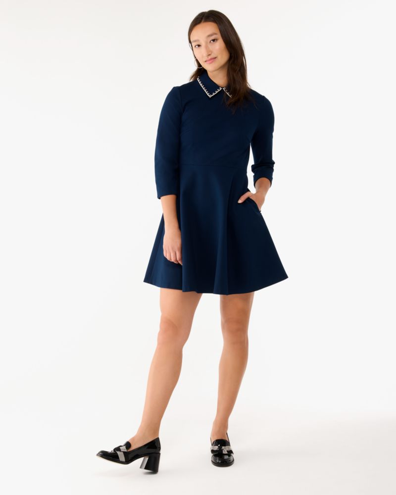 Kate Spade,Embellished Collar Ponte Dress,Viscose,Mesh,A-Line,Rhinestones,Day Party,