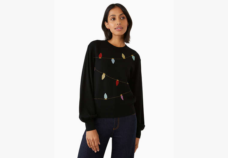 Kate Spade,string lights holiday sweater,wool,60%,Black