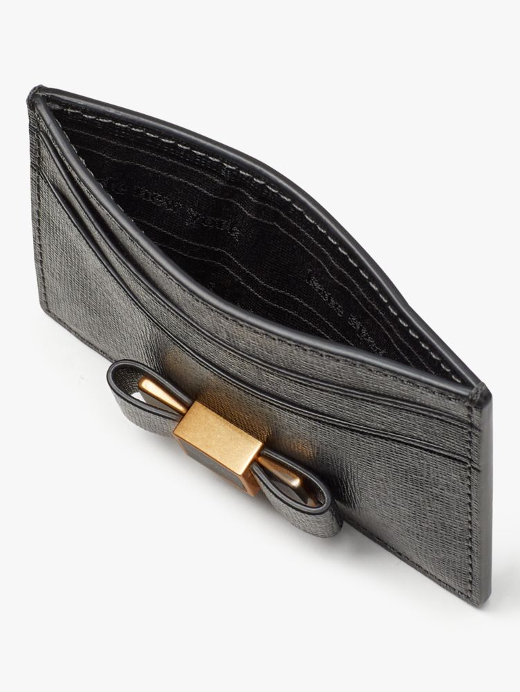 Kate Spade,Morgan Bow Embellished Cardholder,Leather,Card Case,Logo,Bow,Metal,Scratch Resistant,Casual,Black