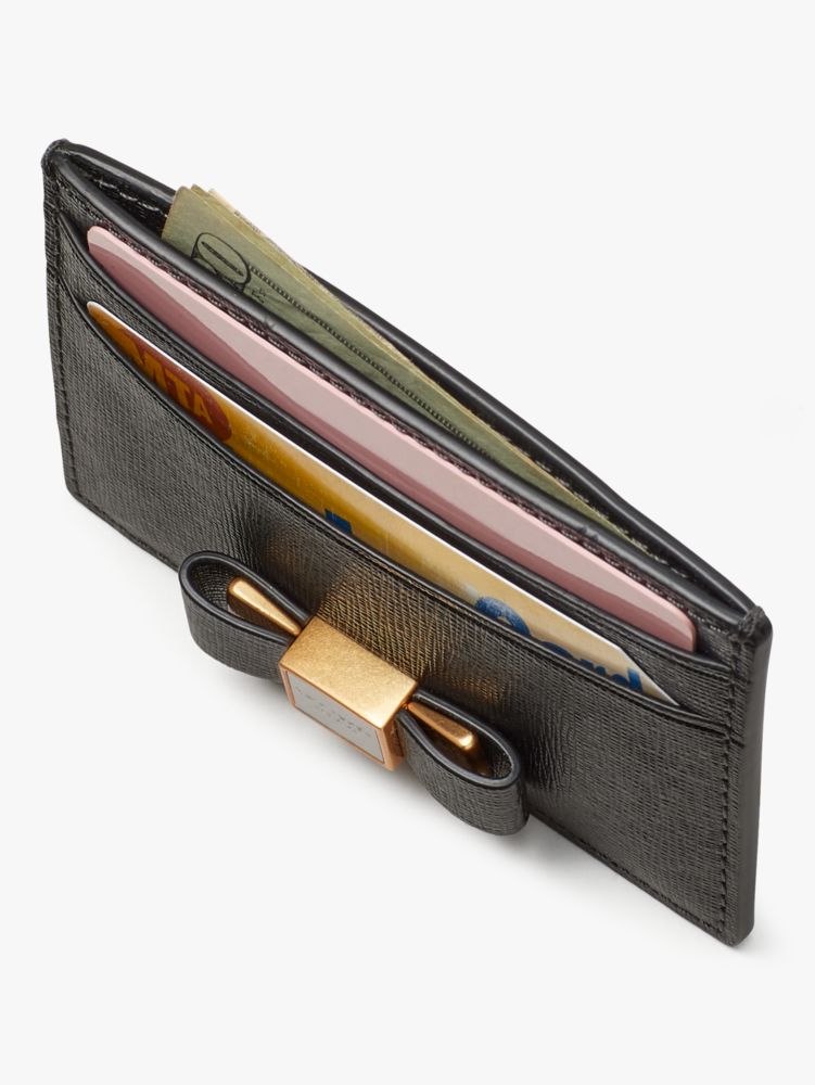 Kate Spade,Morgan Bow Embellished Cardholder,Leather,Card Case,Logo,Bow,Metal,Scratch Resistant,Casual,Black