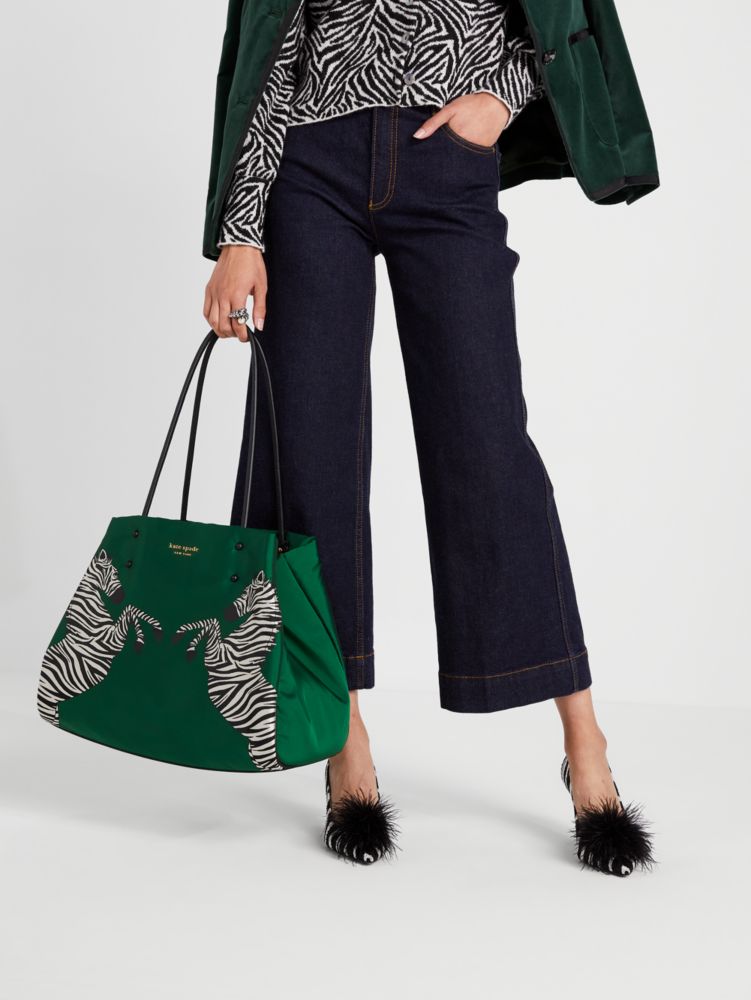 Kate Spade,Everything Dancing Zebras Embroidered Large Tote,Large,Bitter Greens Multi