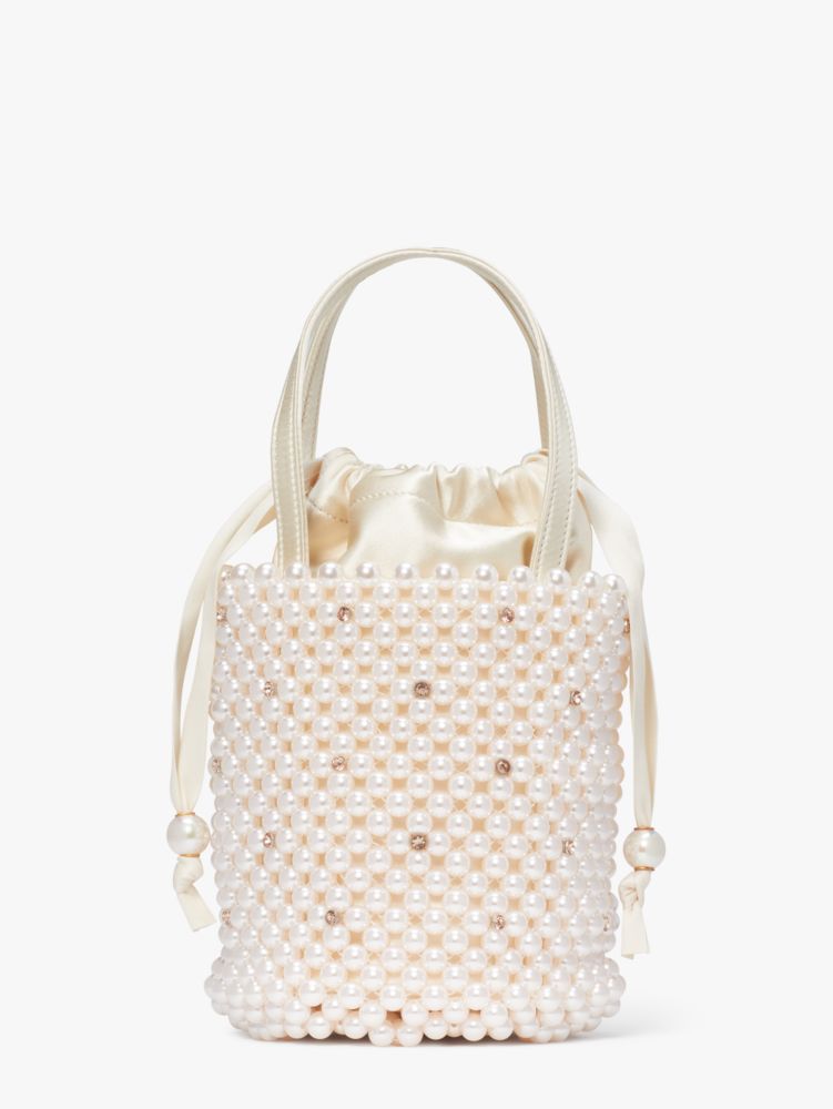 Mini Pearl Handle Bucket Woven Bag With Ribbon Bow For Women
