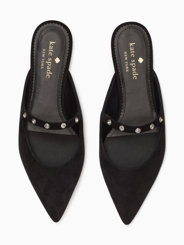 Kate Spade,Irina Flats,Faux Leather,Mules,Rhinestones,Silver Metal,Day Party,Black