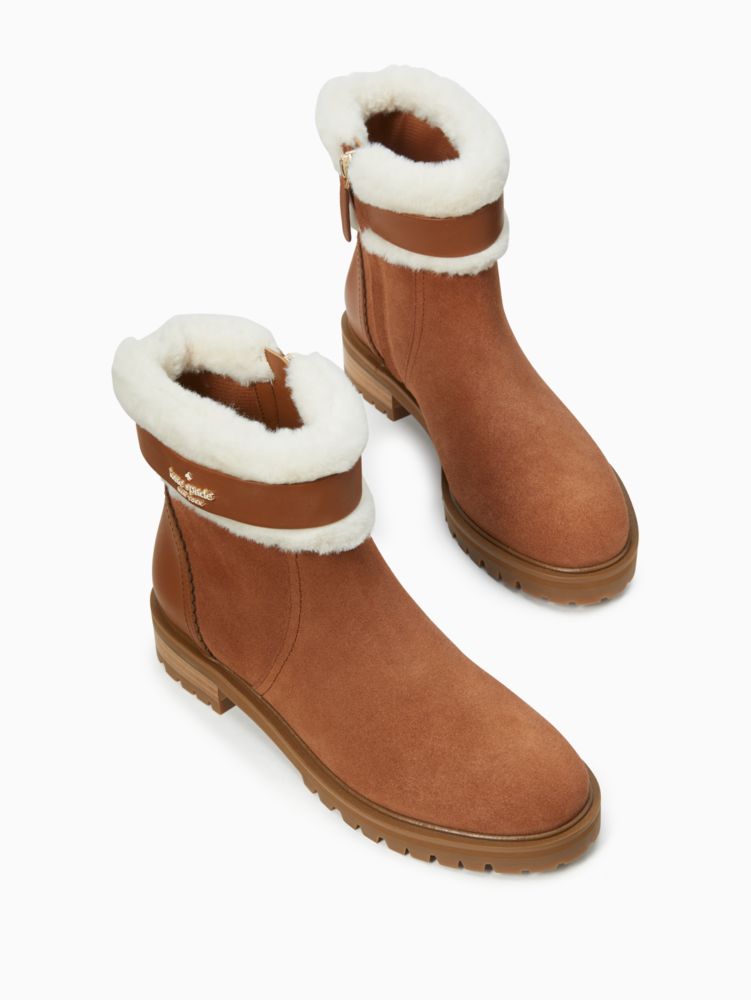 Kate Spade,Bailee Winter Booties,Rubber,Fur,Suede,Winter,Bootie,Fur Embellishment,Metal,Logo,Pull Tab,Outdoor,Casual,Brown