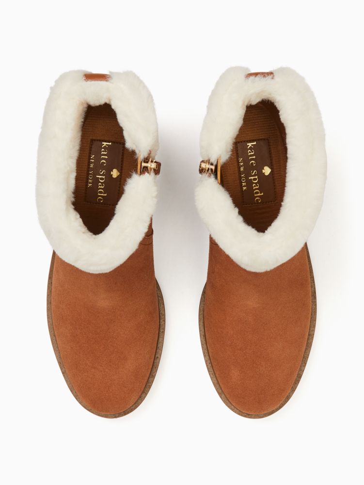Kate Spade,Bailee Winter Booties,Rubber,Fur,Suede,Winter,Bootie,Fur Embellishment,Metal,Logo,Pull Tab,Outdoor,Casual,Brown