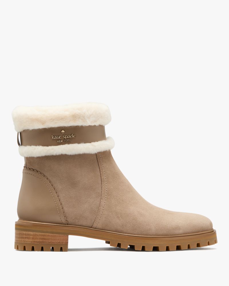 Kate Spade,Bailee Winter Booties,Suede,Fur,Rubber,Bootie,Winter,Logo,Metal,Fur Embellishment,Pull Tab,Casual,Outdoor,Beige