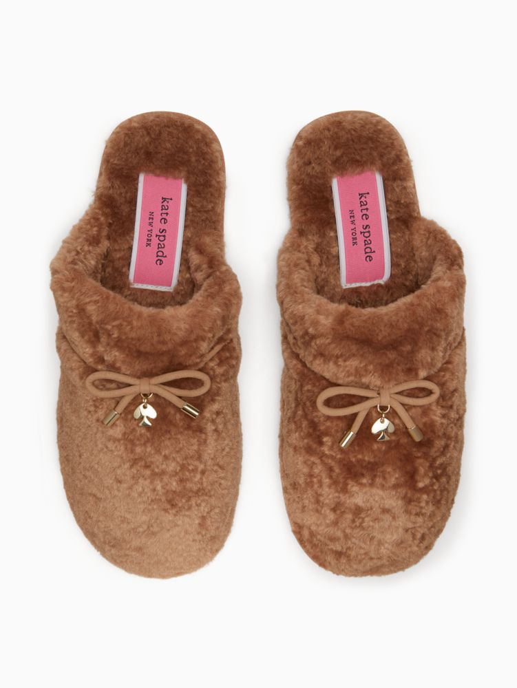 Kate Spade,Lucy Slippers,Faux Fur,Faux Leather,Slippers,Bow,Logo,Metal,Indoor,Brown
